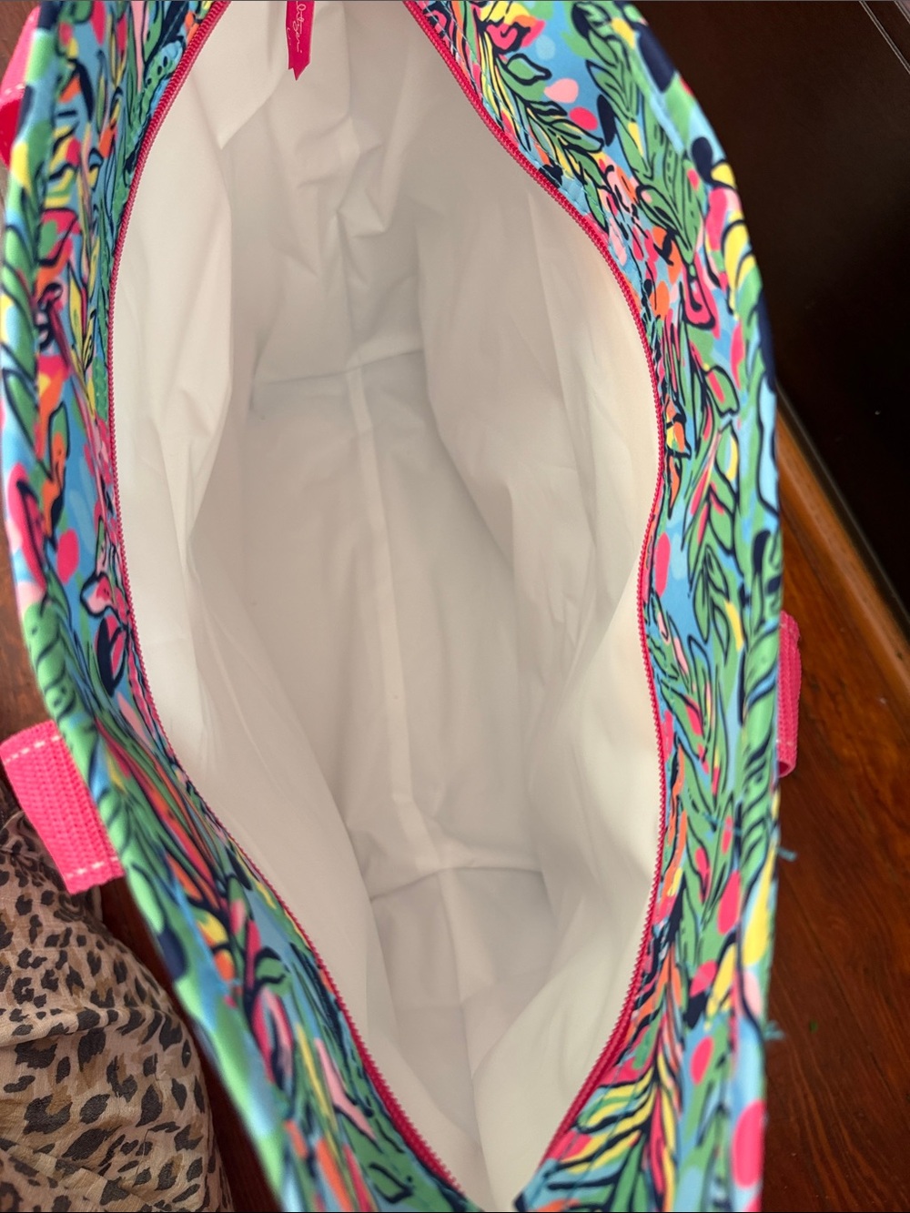 Lilly Pulitzer Bright Blue Tropical Leaf Tote with Hot Pink Handles - Picture 2 of 2